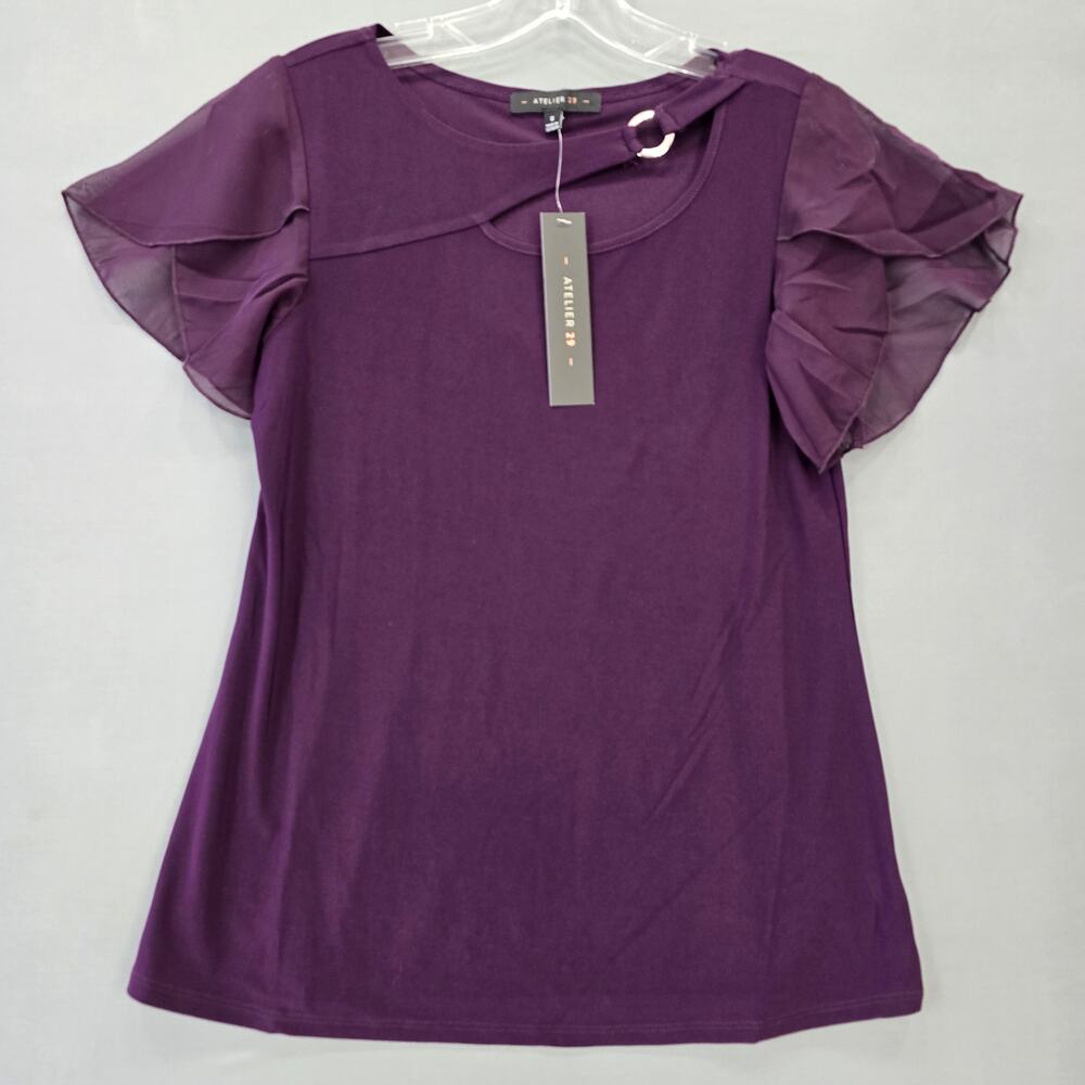 Atelier 29 Purple Shirt NEW Stretch Round Neck Short Flutter Sleeves Women S Top